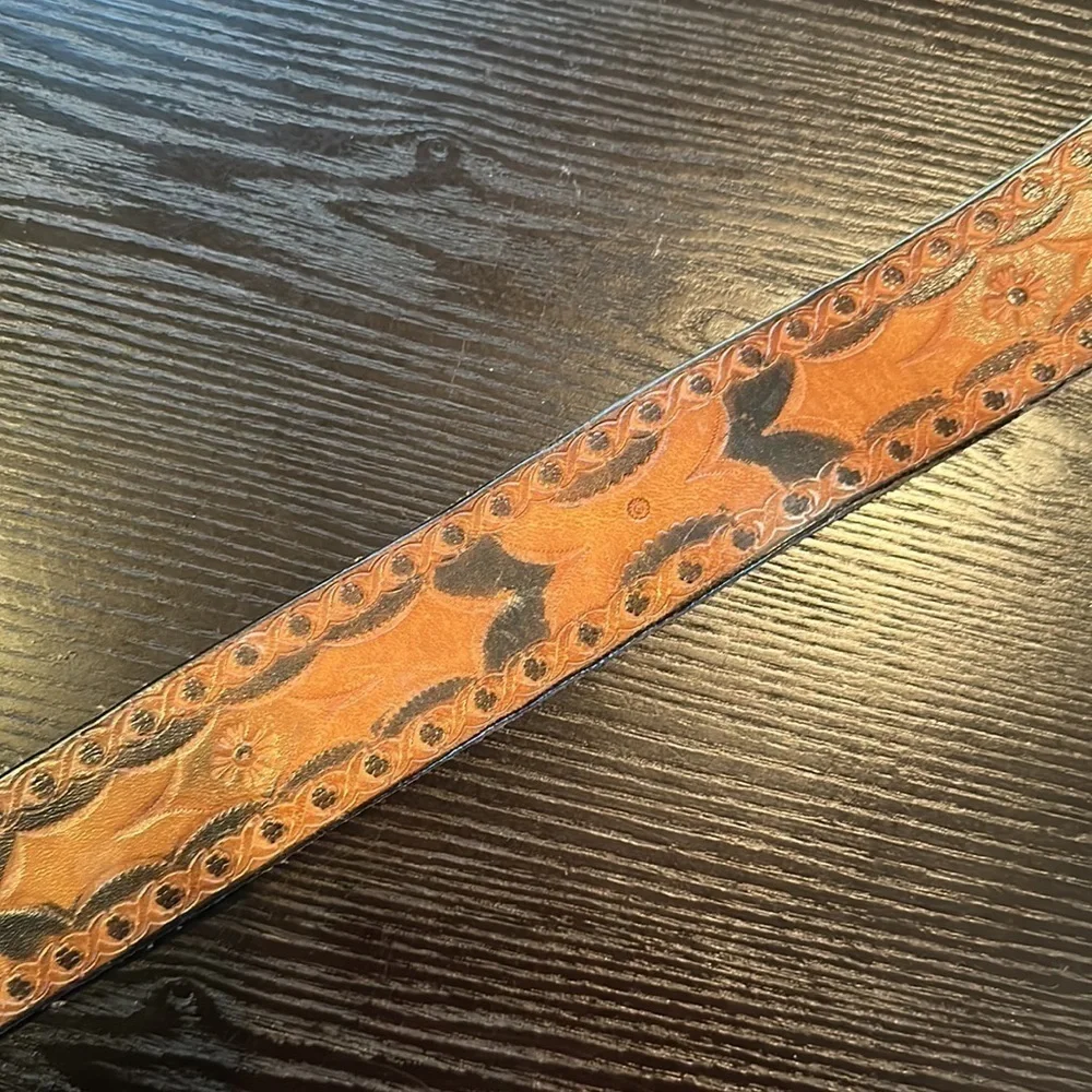 Bergamot Brass Works Vintage Tooled Leather Belt with Soaring Eagle Brass Buckle